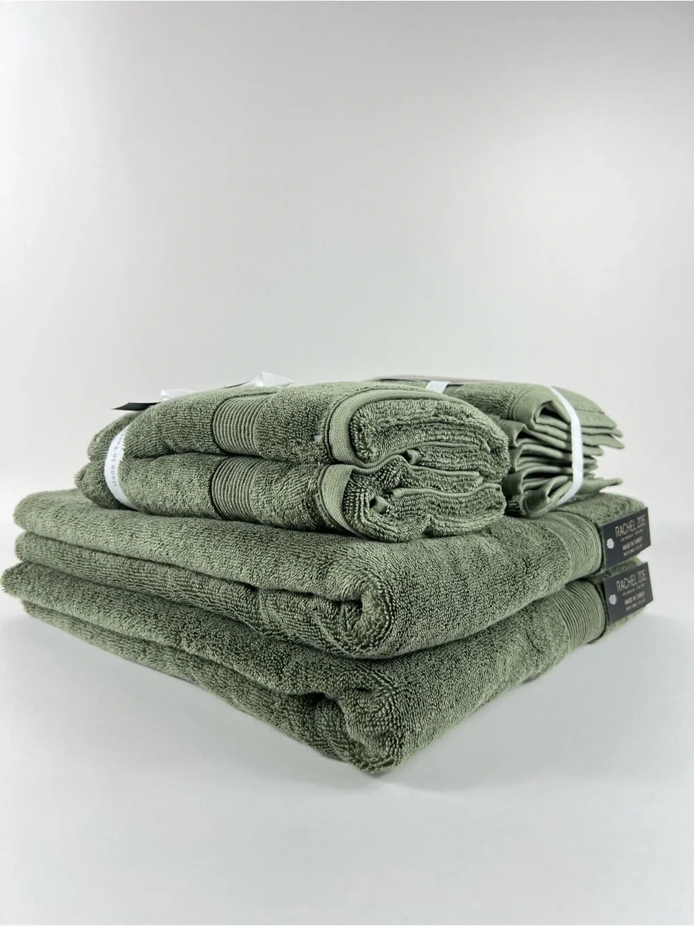 Rachel Zoe Bath Towel Set Dark Green Plush !00% Cotton Made in Turkey 9 Pc NEW